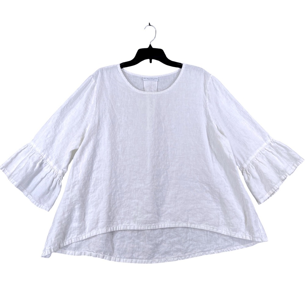 Bryn Walker Linen Blouse Women XL Ruffle Sleeve High Low Coastal Summer USA made